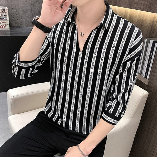 ngland Style Fashion Print Shirt Men Summer Men Three Quarter Sleeve Luxury Shirt Casual Loose Shirts