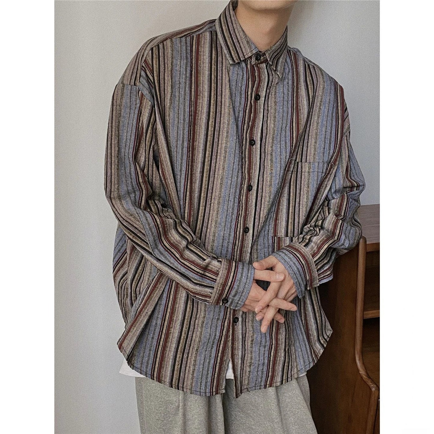 saferido Autumn Cityboy Loose Japanese Retro Vertical Striped Shirt for Men and Women Long Sleeve Lapel Fashion Designer Shirt Jacket