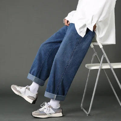 saferido New Street Casual Baggy Jeans Men's Korean Fashion Hip Hop Straight Wide Leg  Trousers Couple Denim Pants Black Light Blue