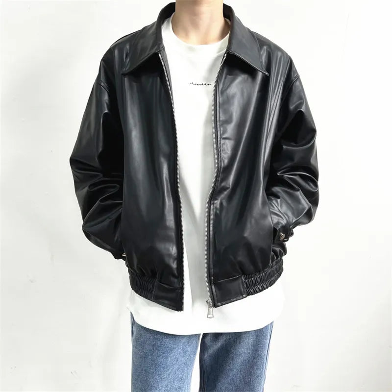 saferido Short Leather Jacket Men Oversized Zipper Motorcycle Jackets Men Streetwear Hip-hop Loose Bomber Jacket Mens Korean Coat M-2XL