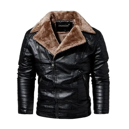 Fashion Warm Winter Men's Leather Jacket with Fur Collar Thicken Fleece Motorcycle Coat Casual Faux Leather Locomotive Jacket