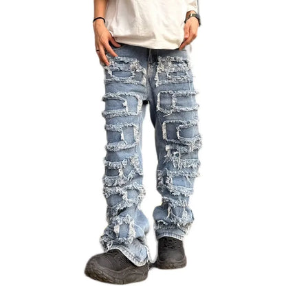 saferido Individualized patch jeans men  American high street hip-hop fried street beggar pants blue loose small crowd mopping