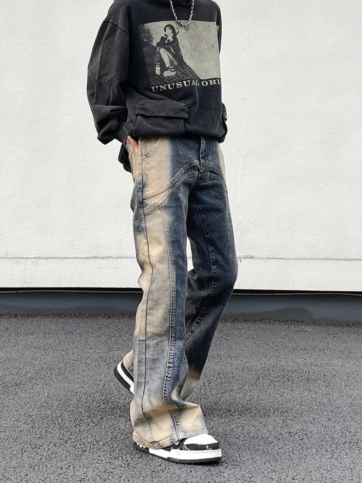 saferido Jeans High Street American Vintage Wash Harajuku Y2K Spliced Jeans Men's Loose Flare Design Feel Pants