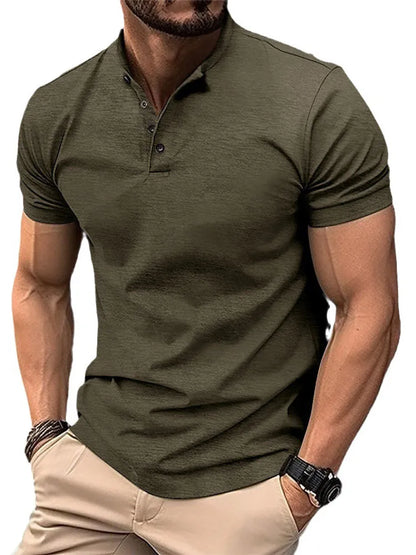 Solid Stand Collar Short Sleeve Men's Shirts Fashion Handsome Business Shirt Men Clothing Summer Casual Button Fit Gym Male