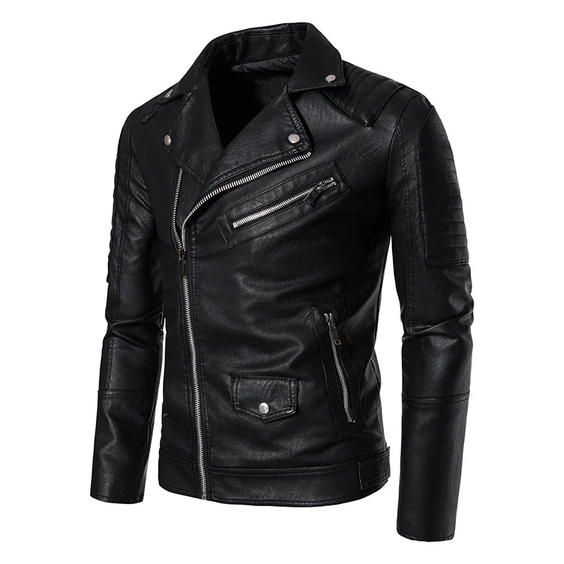 Mens Leather Jackets Solid Turn Down Collar Casual Slim Fit Motorcycle Pu Leather Jacket Men Multiple Pockets Zipper Coat