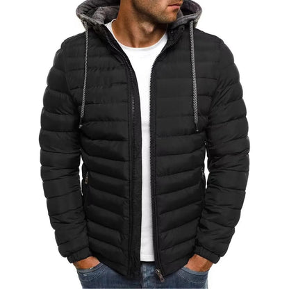 Outdoor Men's Cotton Clothes Fashion Trend Solid Color Long-sleeved Overcoat Winter Warm Hooded Jacket Oversized Zipper Tops