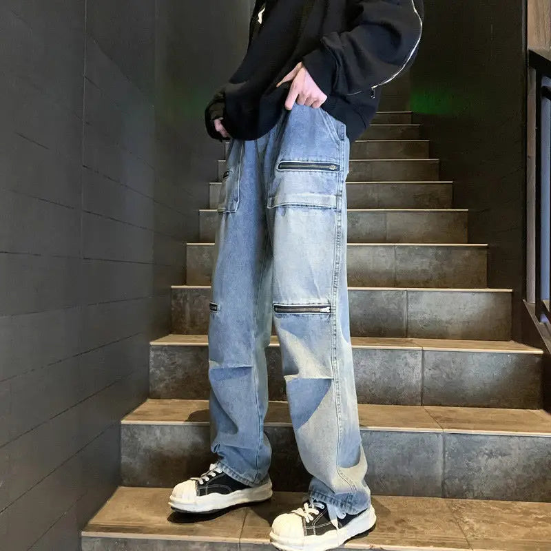 saferido American Vibe Pants Trendy High Street Zipper Pocket Work Clothes Jeans Men'S High-End Slim Straight Leg Pants