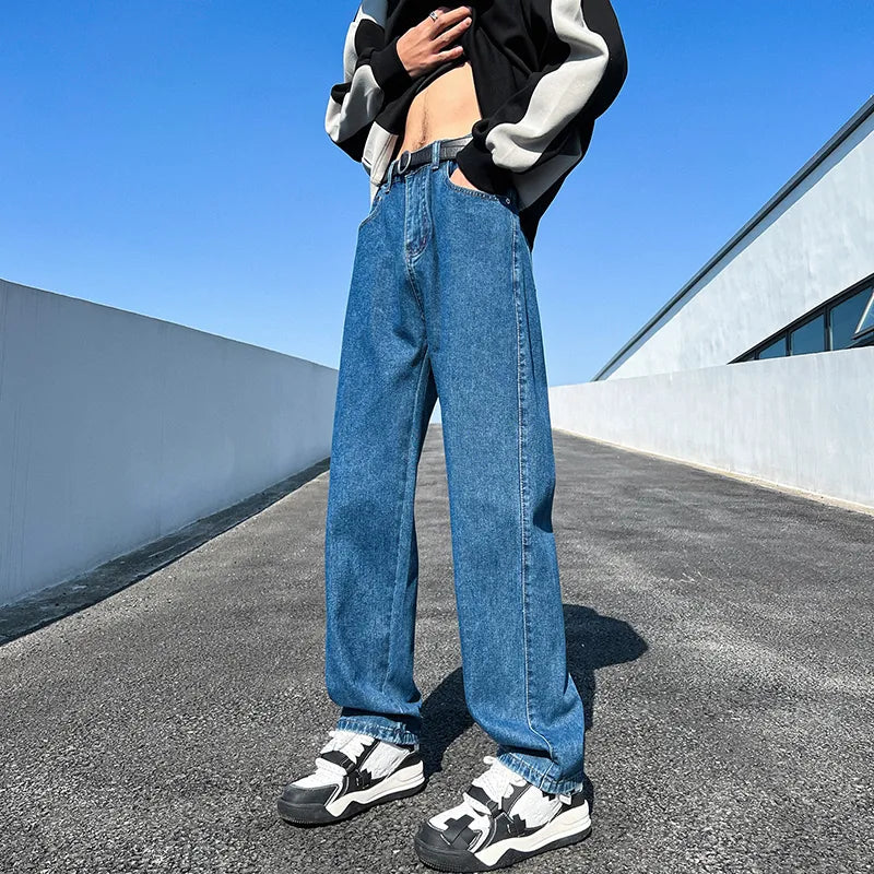 New Men's Denim Wide-leg Pants Korean Style Straight Loose Jeans Street Hip-hop Daily Casual Student Trousers Black Gray Blue