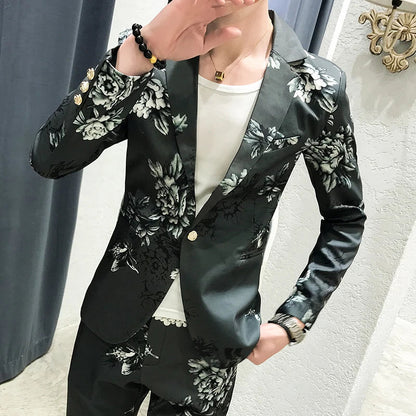 saferido (Jackets+Pants)  Men's Spring Printed Business Blazers/Male Slim Fit Casual Suit of Two Pieces Groom's Wedding Dress S-3XL