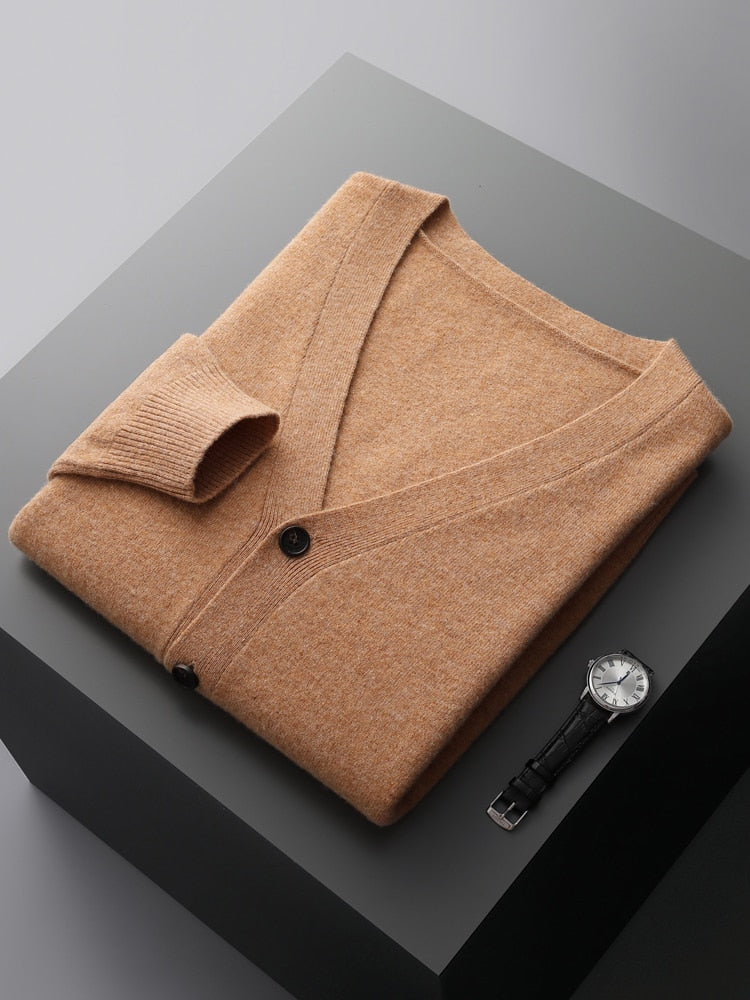 100% Pure Merino Wool Sweater Jacket Men's V-Neck Cardigan Autumn Winter New Solid Color Top Casual Basic All-Match