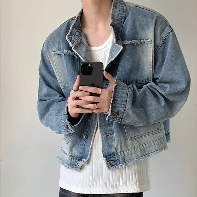 Mens Hip-hop Denim Jacket Gradient Rough Edge Shoulder Pads Cowboy Coat Single Breasted Short Fashion Casual Men Outwear New