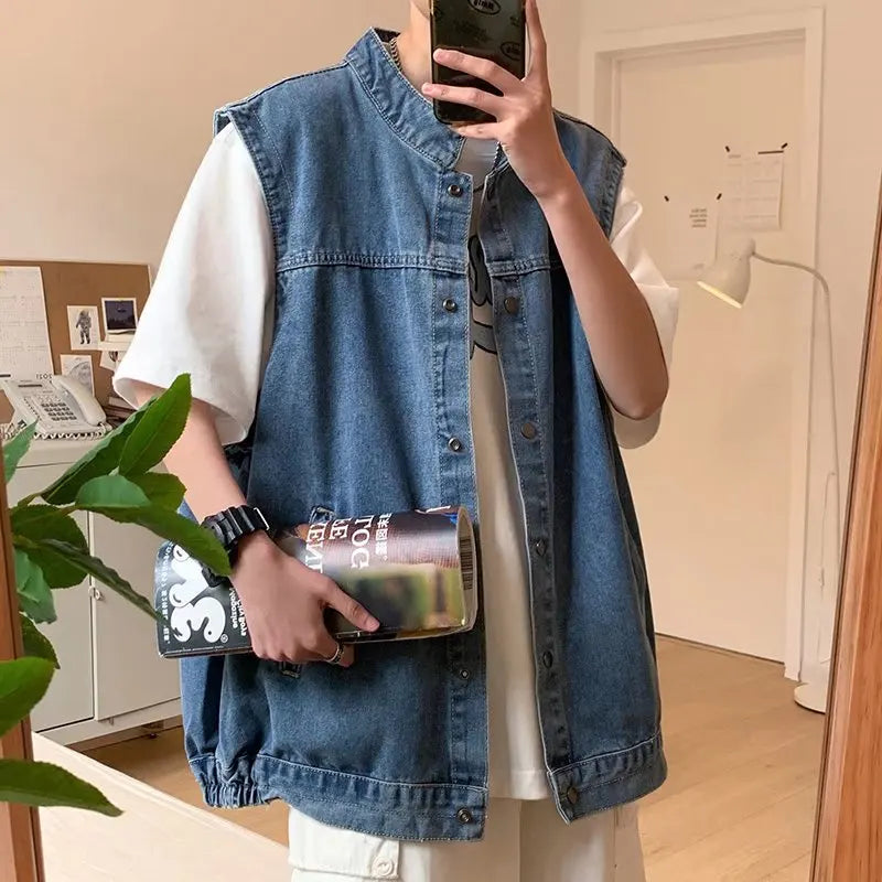 saferido Denim Sleeveless Jacket Men Fashion Oversized Harajuku Denim Jeans Casual Jeans Waistcoat Cowboy Hip Hop Streetwear Clothing