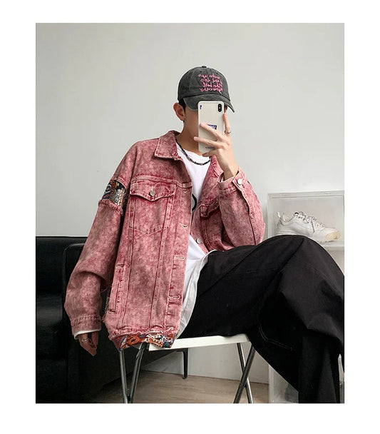 saferido Vintage Washed Worn Pink Jean Jacket for Mens Oversized Embroidery Jacquard Patchwork Denim Jacket Distressed Unisex Outerwear