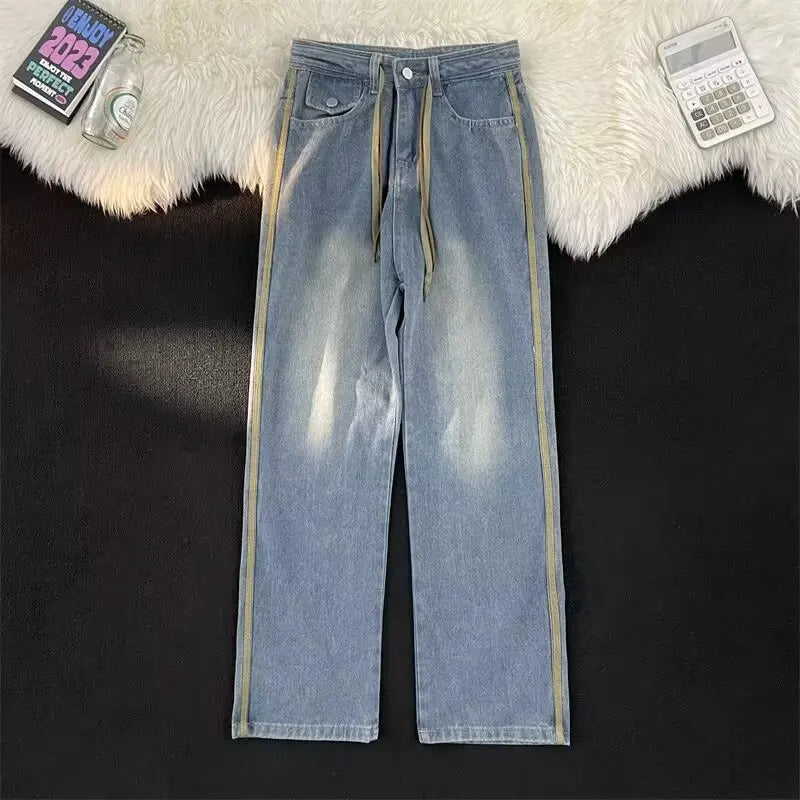 saferido American Retro Drawstring Jeans Men's High Street Causal Loose Straight Draping Wide Leg Pants Men Trousers Male