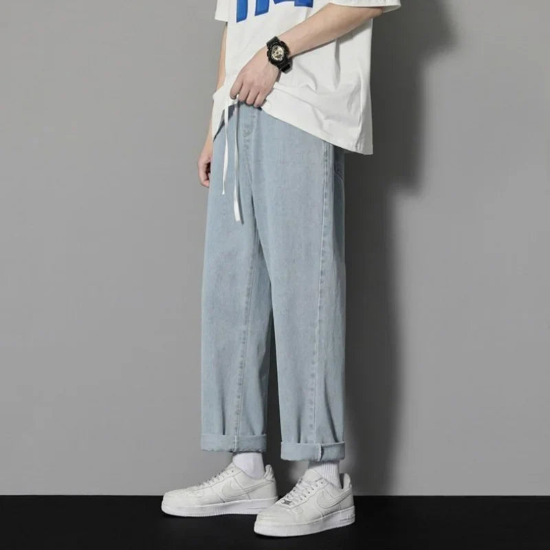 saferido Spring New Hong Kong Style Trendy Loose Wide Leg Jeans Men's Elastic Waist Drawstring Pocket Men's Trendy Casual Straight Pants