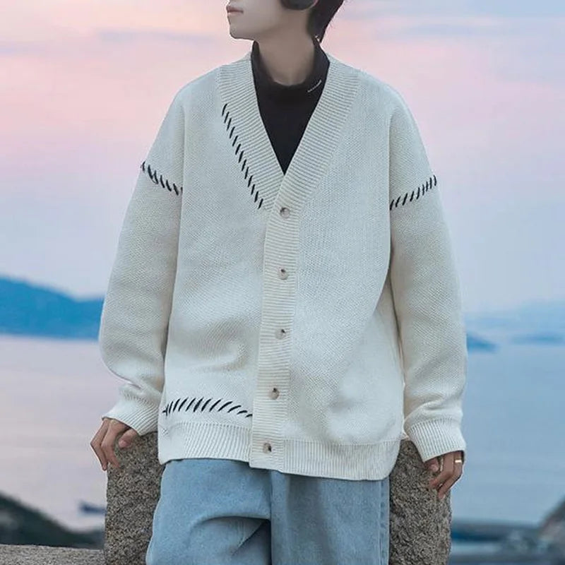 New Autumn and Winter Fashion Trend Handsome Open Thread Splice Casual Loose Lazy Style High Grade Couple Sweater Coat