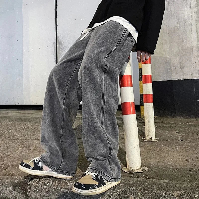 saferido Korean Fashion Loose Men Jeans Classic Straight Straight Baggy Wide Leg Trousers Casual Street Hip Hop Pants Black Grey Blue