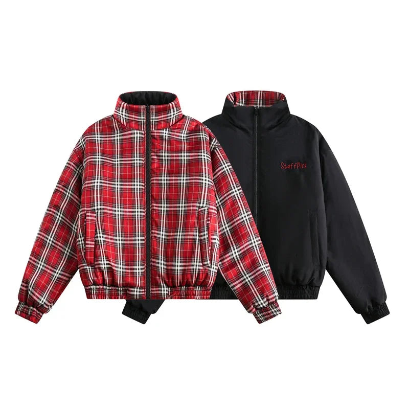 Vintage Double-sided Jacket Parka Men Women Cropped Plaid winter Thicken Stand Collar Loose Coat Street Outwear Lightweight New