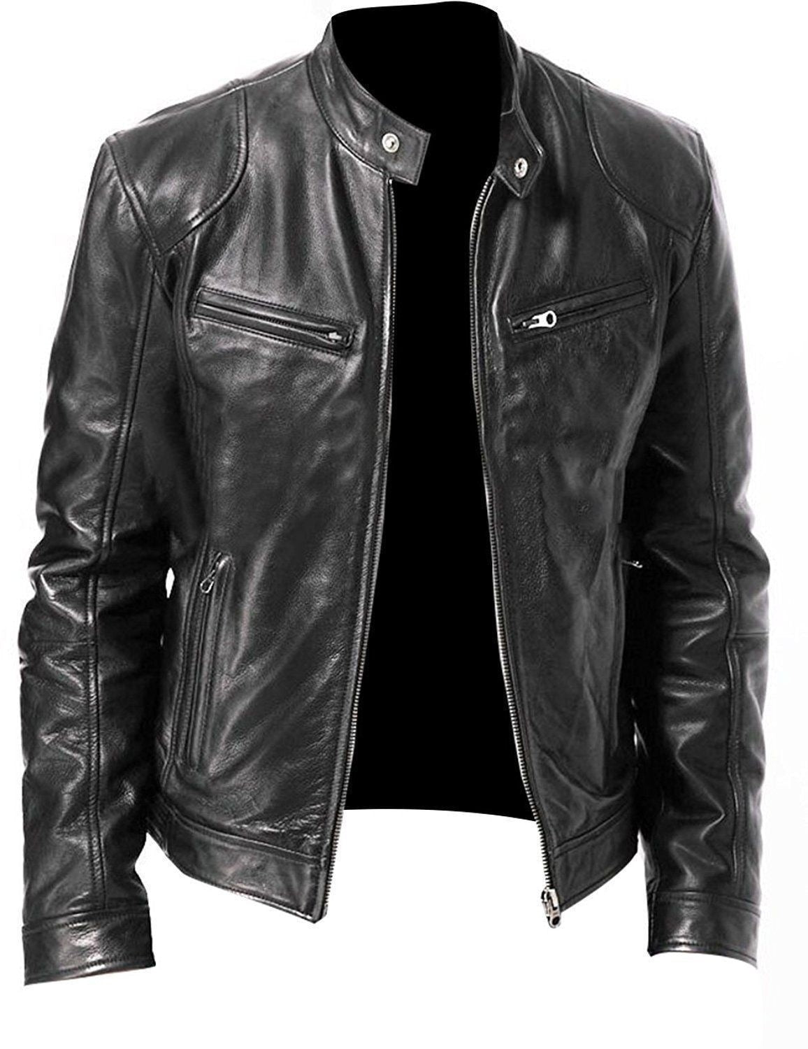 Mens Motorcycle Leather Jacket Slim Fit Short-Coat Lapel PU Jackets Autumn New Zipper Stand Windproof Leather Coat Mens Clothing