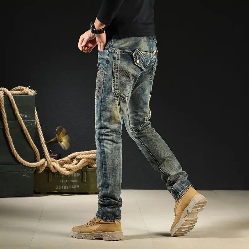 saferido Jeans for Men Motorcycle Slim Fit Vintage Skinny Spliced Buggy Trousers Male Cowboy Pants Tight Pipe Japanese Street Style Denim