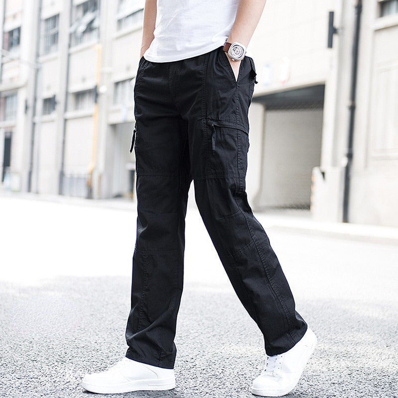 Big Size Men's Cargo Trousers Straight Leg Work Pant Men Loose Fit Cotton Summer Wide Overalls Male Side Multi Pocket large size