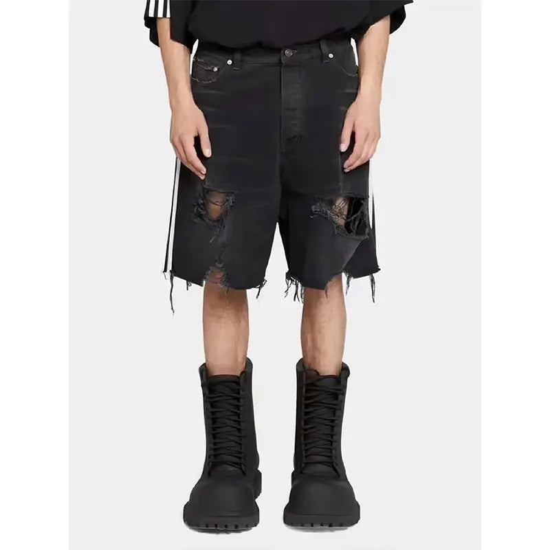 saferido Black Hip-hop Hole Beggar Jeans Shorts Men's American Street Washed Old Loose Five-part Pants Streetwear Men Y2k Clothes Pants