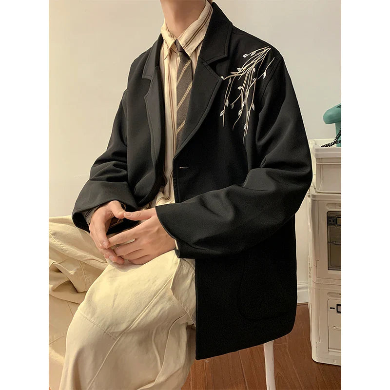 saferido Casual Blazers Men Orchid Embroidery Solid Color Single Breasted Suit Jackets Japan Style Notched Collar Popular Interview Suits