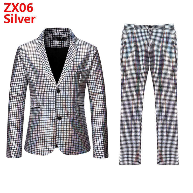 Mens Stage Prom Suits Gold Silver Rainbow Plaid Sequin Jacket Pants Men Dance Festival Christmas Halloween Party Costume Homme