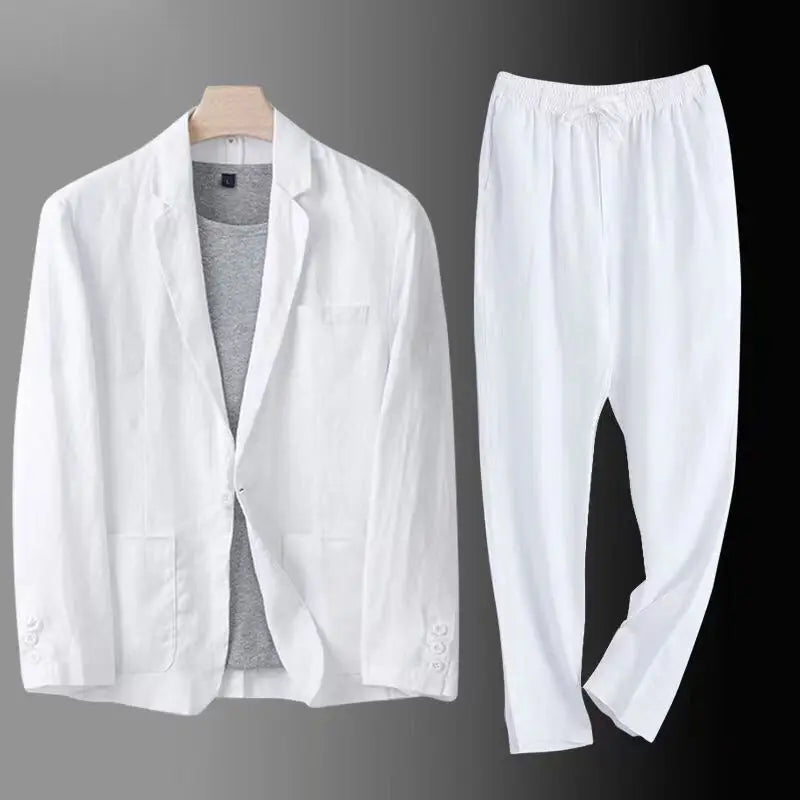 Spring Autumn Fashion Men Linen Two-piece Set Blazer Jacket + Pants Solid Slim Fit Casual Business Thin Clothing Breathable Suit