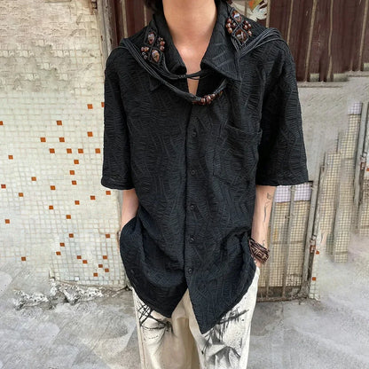 Retro Pleated Short Sleeve Shirt Summer New Cuban Collar Jacquard Design Shirts Top Solid Button Neutral Blouse