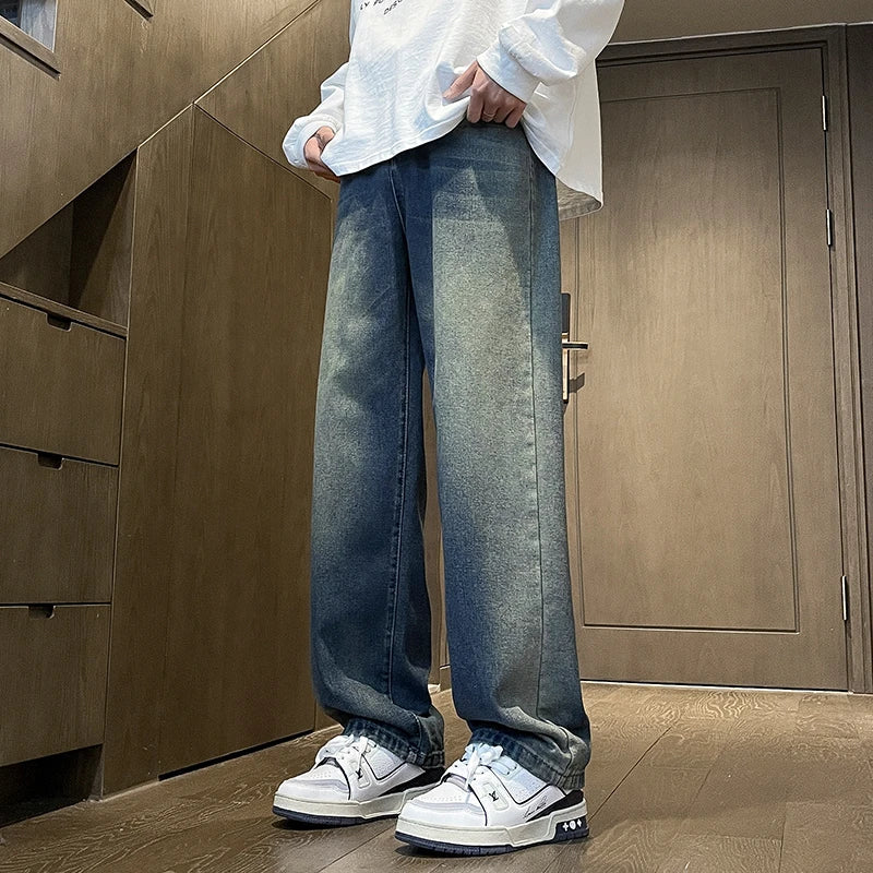 Summer Male High Street Gothic streetwear Gray Denim Pants Men Y2k 2000s Style Vintage Baggy Jeans Wide Leg Straight Trouser