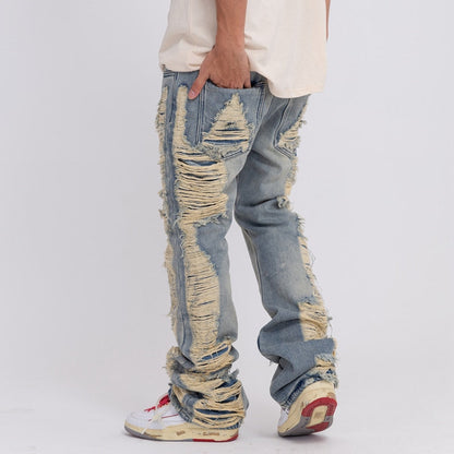 Harajuku Ripped Frayed Hole Blue Washed Jeans Pants for Men and Women Pockets Streetwear Casual Baggy Denim Trousers