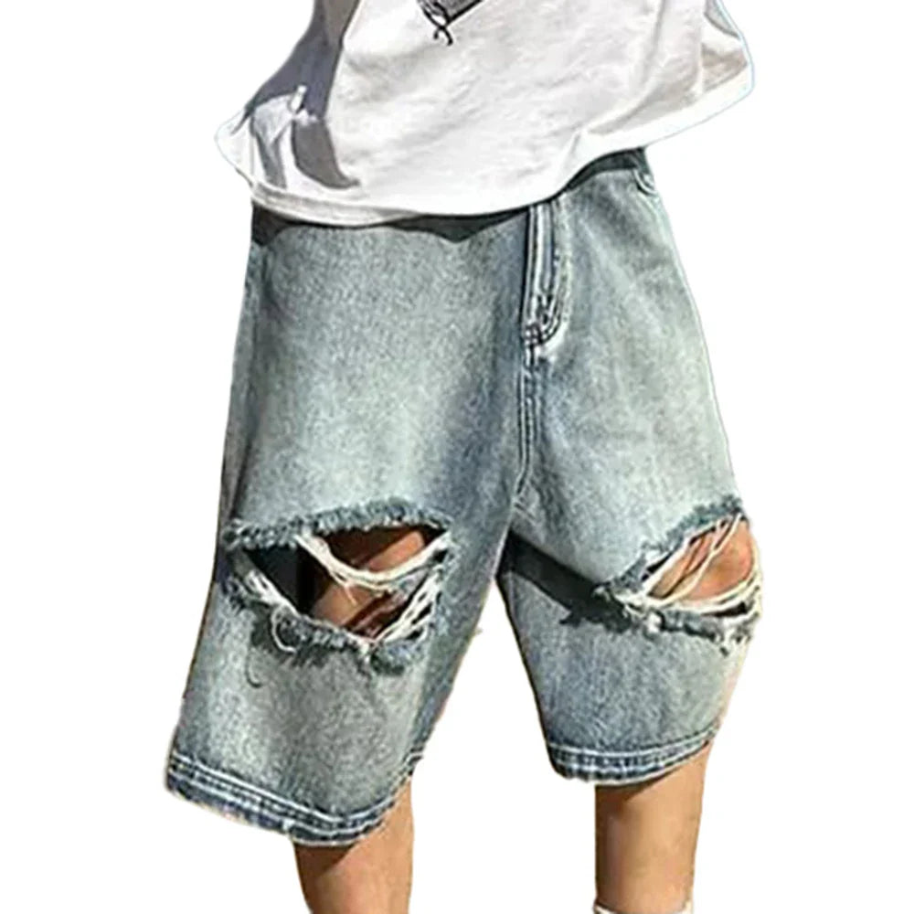 saferido Spring Summer Fashion Trend Thin Wide-Leg Loose Mid-Pant Shorts American Street Hip-Hop Ripped Distressed Y2k Jeans For Men