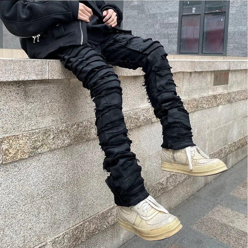 saferido Heavy Industry Hole Frayed Destruction Waxed Jeans Mens High Street Retro Straight Ripped Pencil Pants Oversize Denim Trousers