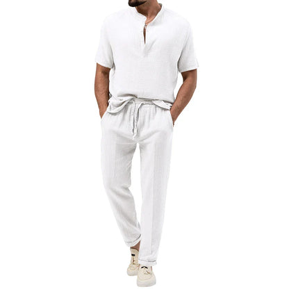 saferido  Spring/Summer New Independent Men's Solid casual T-shirt Short Sleeve Shirt Long Pants Set Fashion