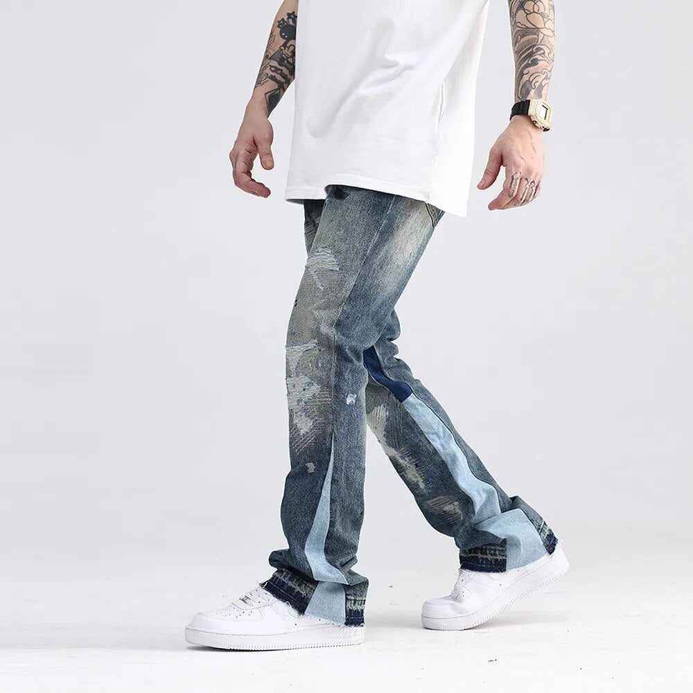 Blue Speckle ink Washed Destroyed Flared Jean Pants Hip Hop Graffiti Ripped Denim Jeans for Men Streetwear Vintage Wide Jeans