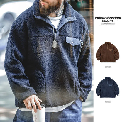 saferido Casual Half-breasted Fleece Hoodies  Winter Navy Blue Warm Pullover Jacket Outdoor Oversize Workwear Thermal Outwear