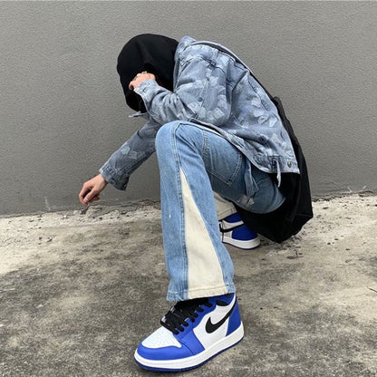 Y2K Patchwork Washed Blue Baggy Flare Jeans Pants Men Clothing Straight Loose Vintage Old Denim Trousers Pantalones Hombre