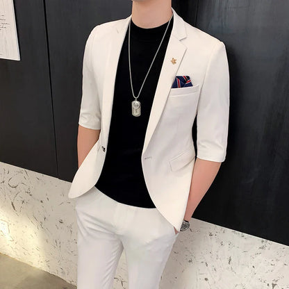 saferido (Jackt+Pant) 2 Pcs Set Men Suits Half Sleeve Spring Summer Slim British Short Sleeve Blazer Coat Trend Male Designer Tuxedo