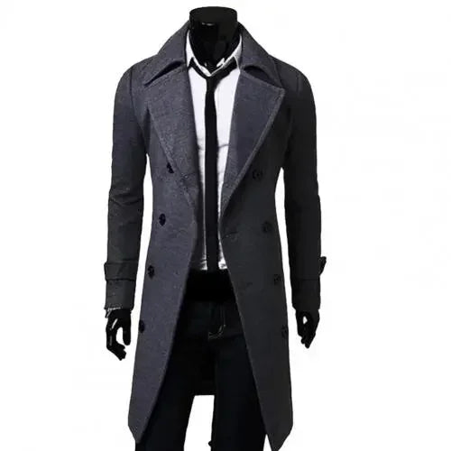 saferido Autumn Winter Men Long Trench Coat Double-breasted Solid Color Simple Mid-Length Windproof Thick British Fashion Slim Jacket