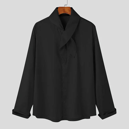 Tops Korean Style Mens Silk Drape Necktie Shirts Casual Well Fitting New Men's Solid All-match Sleeved Blouse S-5XL