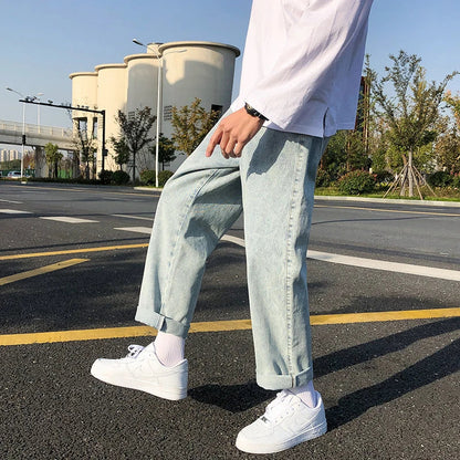 Spring and Autumn Men's Straight Hip Hop Jeans Streetwear Loose Casual Wide Leg Pants Male Brand Trousers Light Blue Black