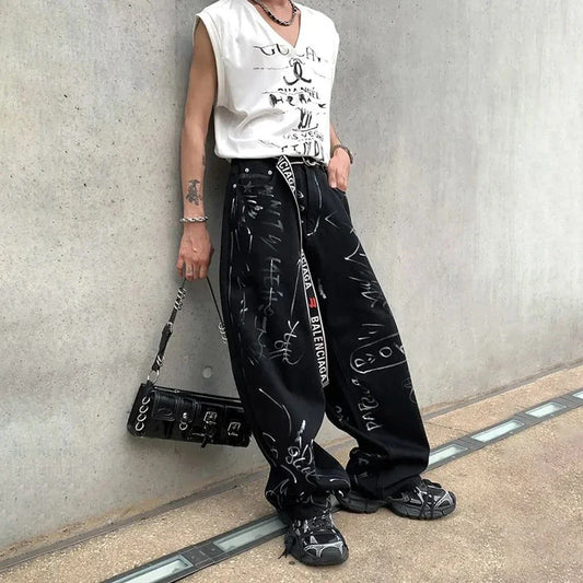 saferido 2024 Spring And Autumn Men's Casual Pants Fashionable Trendy Y2k Hip-Hop High Street Graffiti Printed American Vintage Trousers