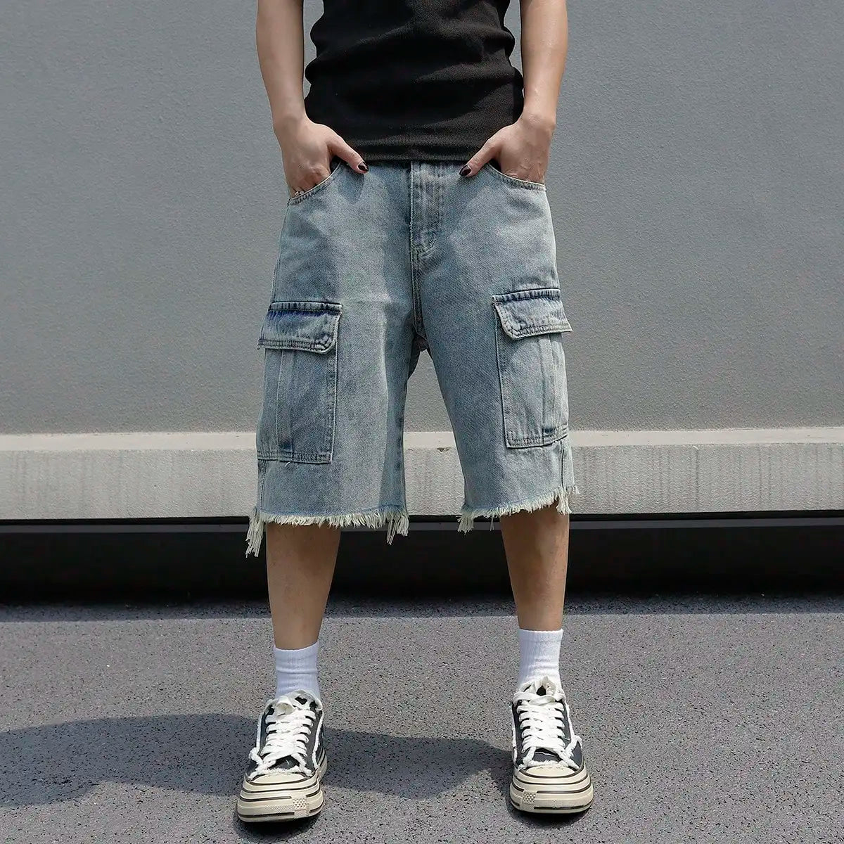 saferido Korean Fashion Men's Wide Leg Denim Shorts Summer New Fashion Loose Casual Elastic Waist Large Pocket Cargo Men's Jeans Shorts