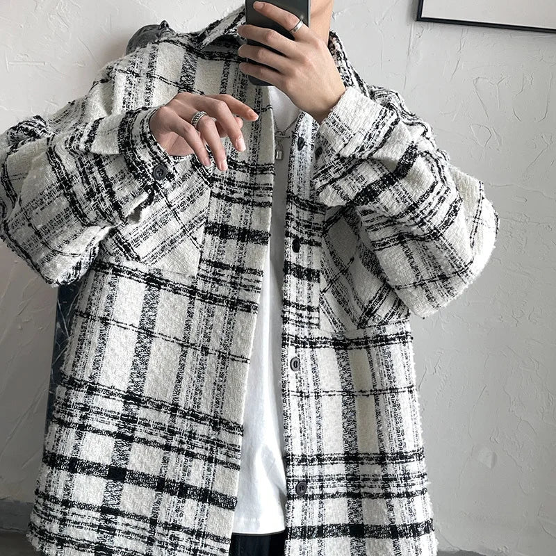 saferido Autumn Plaid Woolen Coat Men Fashion Retro Casual Oversized Woolen Jacket Men Korean Loose Woolen Shirt Mens Overcoat M-2XL