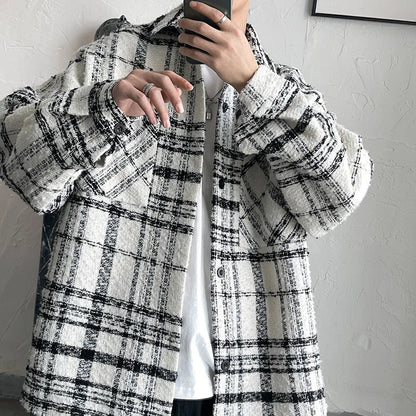 saferido Autumn Plaid Woolen Coat Men Fashion Retro Casual Oversized Woolen Jacket Men Korean Loose Woolen Shirt Mens Overcoat M-2XL