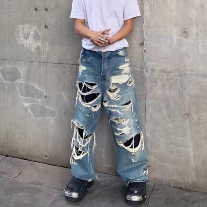 Men's Vibe Style Destroyed Jeans Pants Fashion Hi Street Ripped Oversize Hip Hop Denim Trousers Loose Fit Distressed Bottoms