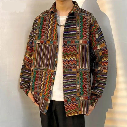 Retro Print Jackets Men Harajuku Cozy Autumn Long Sleeved Outwear Holiday Popular Korean Style Unisex Loose Males Clothes Street