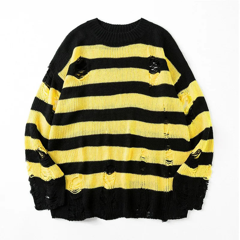 Striped Sweaters Punk Unisex Sweater Autumn Hollow Out Hole Broken Jumper Loose Oversized Pullouvers Harajuku Streetwear