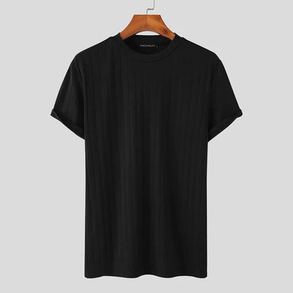 Handsome Well Fitting Tops New Men Knitted O-Neck Well Fitting T-shirts Casual Fashion Solid Short Sleeve Camiseta S-5XL